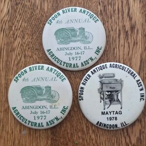 Vintage Spoon River Antique Agricultural Pins 1977 1978 Abingdon IL Tractor